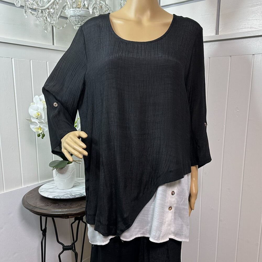 NEW Never Worn  Picadilly Black & White Asymmetrical Tunic Top & Pants SET   XL